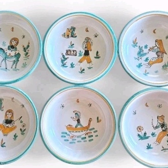 Set 6 Vietri Italy Falcone Hand Painted Pasta Bowls Folk Peasant Scenes 1960s - Picture 1 of 13